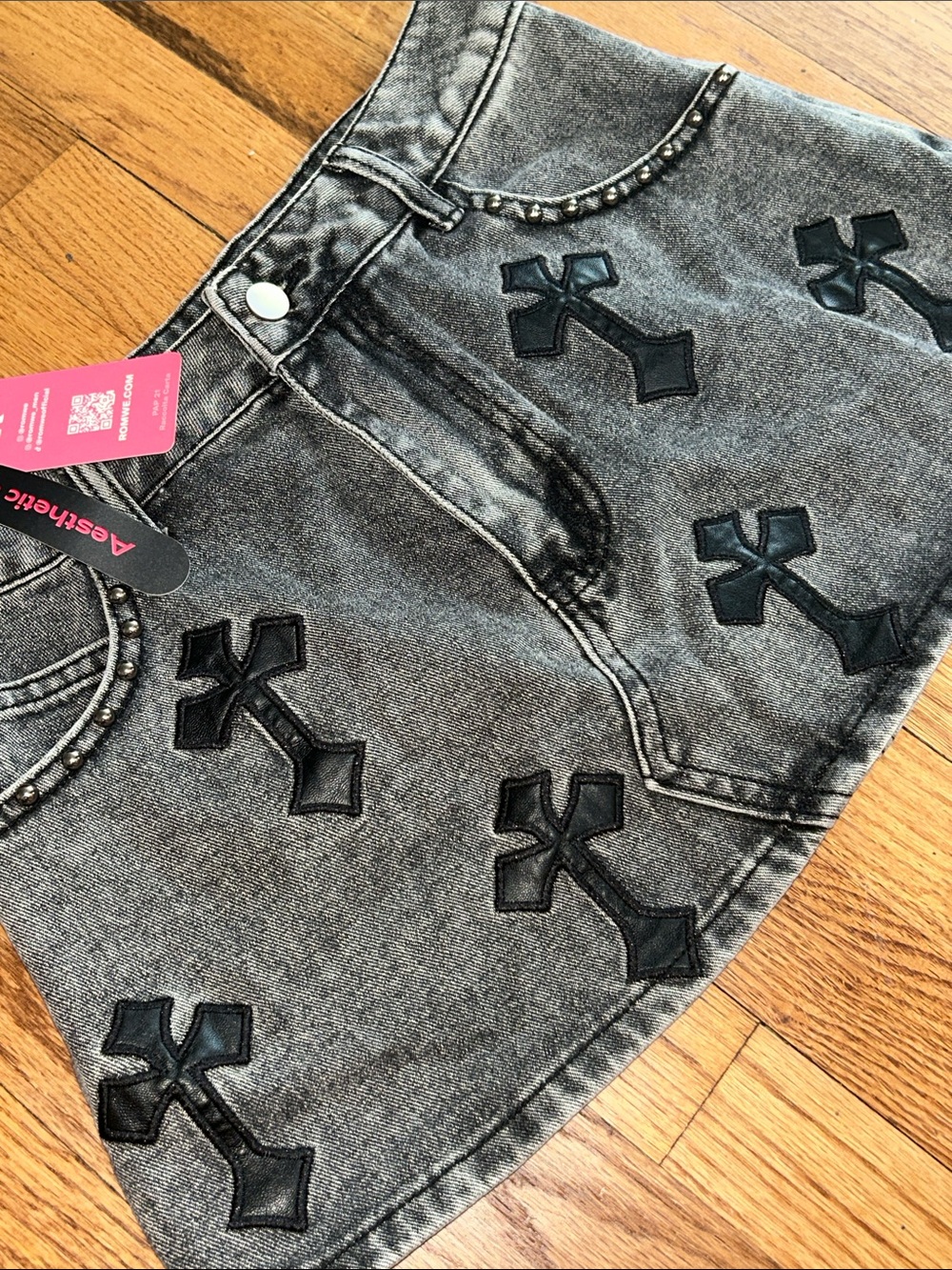 Romewe Gray Denim Mini Skirt with Black Cross Appliqués Medium NWT
